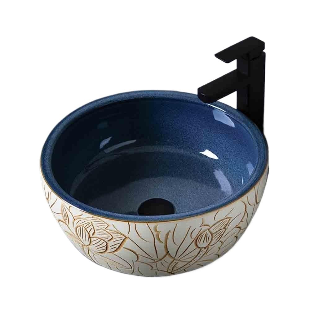 Z4t8m2k6g5 One Color Countertop Bathroom Vessel Ceramic Round Blue Patterned Washbasin Balcony Household Indoor Including Accessories Cloakroom Sink