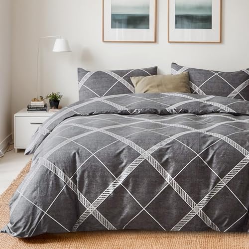 Image of TOCOMOA Plaid Duvet Cover Set 100% Natural Cotton Soft Comfy Breathable 3 Piece Grey and White Striped Pattern Printed Comforter Cover Bedding Set (Queen 90 inchx90 inch, Comforter Not Included)