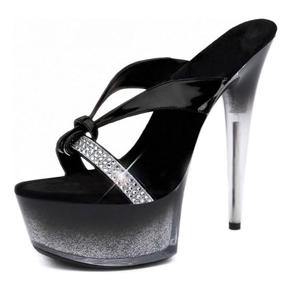 Hyfzxwx Women's Black Platform High Heels Rhinestone Mules Sandals Sexy Stripper Club Wedding Dress Party Shoes Plus Size Thigh/Black/37Eu