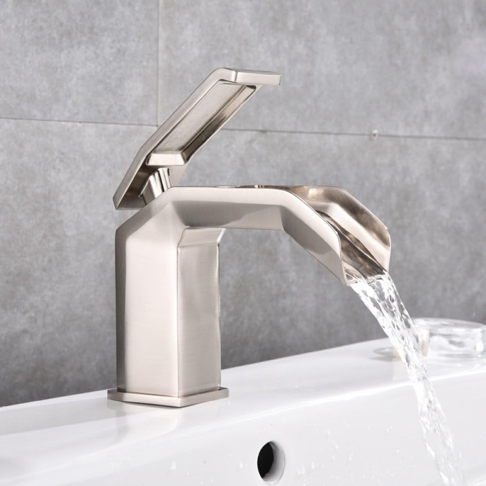 Waschtischarmaturen, Wasserfall, Badezimmer-Wasserhahn, Einhand-Waschtisch-Mischbatterie, Bad, antiker Wasserhahn, Messing, Waschbecken, Wasser, Silber, Nickel gebürstet
