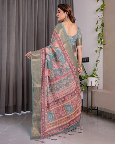 Image of ALMAARI FASHION Handloom Cotton Linen Saree for Women with Floral Printed Design and Tassel Pallu, Traditional Ethnic Lightweight Saree for Daily Office Festive with Blouse Piece
