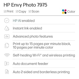 HP Envy Photo 7975 Wireless Color Inkjet Photo Printer, Print, scan, Copy, Easy Setup, Mobile Printing, Best-for-Home, 3 Month Instant Ink Trial Included, AI-Enabled (B63K3A)