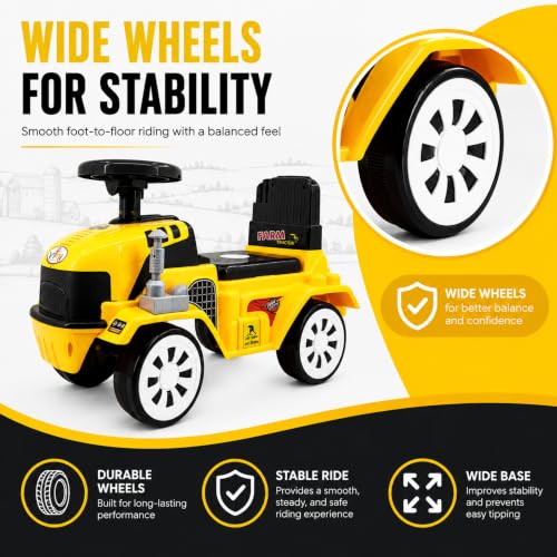 Image of Farm Tractor Ride On Toy for Kids 2-5 Years, Foot-to-Floor Manual Ride On with Comfortable Backrest, Easy-Grip Steering Wheel, Wide Wheels, Indoor & Outdoor Ride On Toy for Boys & Girls