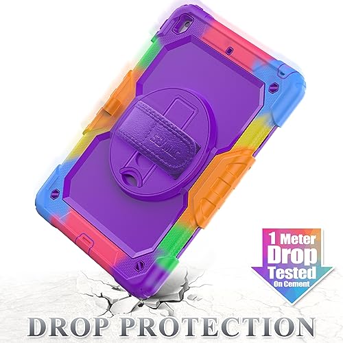Image of SEYMAC Stock Case for iPad 9th / 8th / 7th Gen 10.2'', Shockproof with Screen Protector & Pencil Holder, 360 Rotating Hand Strap & Stand, Purple+Colorful