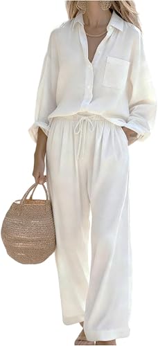 Women's Casual Linen Matching Sets Button Down Shirt And Wide Leg Pants