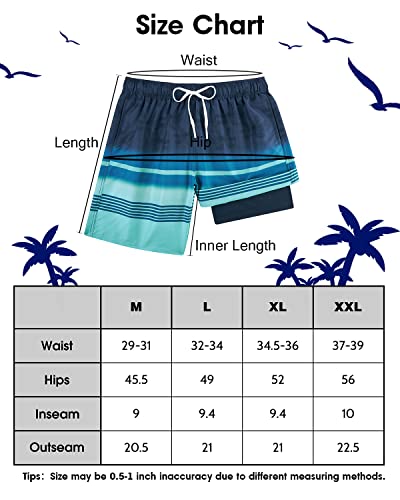 Cozople Mens Swim Trunks With Compression Liner 9 Inch Knee Length Surfing Swimming Shorts Stylish Stripes Boxer Brief Liner Anti Chafe Bathing Suit Board Shorts With Phone Pocktes Blue #TOP5