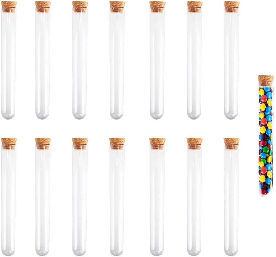 KINDPMA 15 Pcs 30ml Plastic Test Tubes 20X150mm Lab Tubes Candy Tubes with Cork Stoppers Glass Vials for Bath Salts for Scientist Nerds Party Halloween Wedding Party Decor
