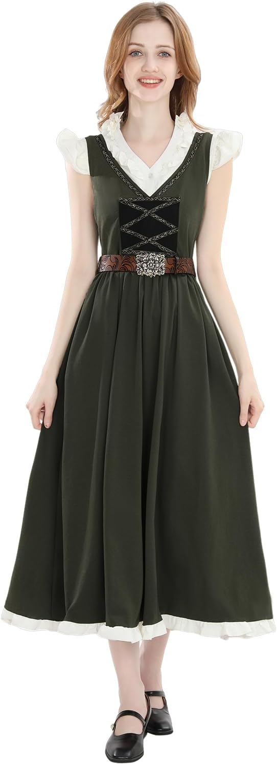 Renaissance Dress Women Medieval Costume Ren Faire Pirate Overdress with Flutter Sleeve Shirt