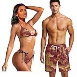 Howilath Golden Horse Print Couples Matching Swimsuits Set Quick Dry Board Shorts for Men & Fashion Bikini for Women, Summer Beach Vacation Outfit