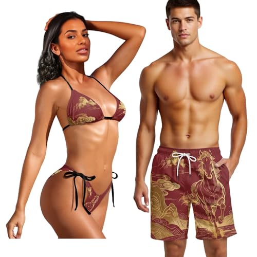 Howilath Golden Horse Print Couples Matching Swimsuits Set Quick Dry Board Shorts for Men & Fashion Bikini for Women, Summer Beach Vacation Outfit