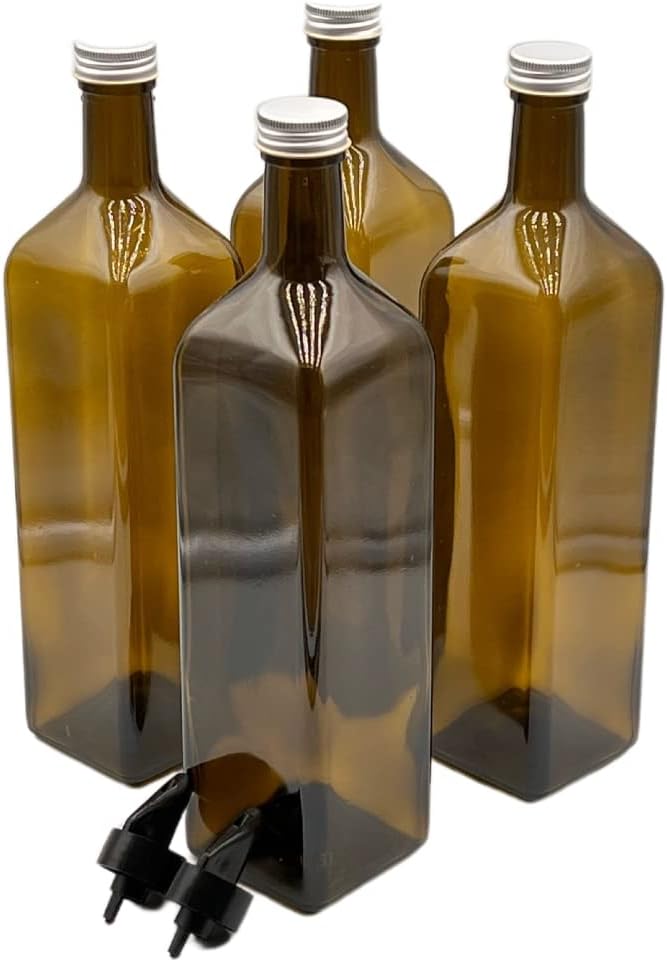 4er Set Ölflasche 1000 ml mit 2x Ausgießer aus Kunststoff und Etiketten
