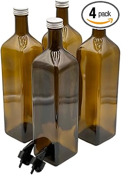 Set of 4 Oil Bottles 1000 ml with 2 x Plastic Pourers and Labels
