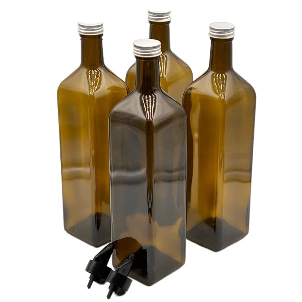 Devitre Set of 4 Oil Bottles 1000 ml with 2 x Plastic Pourers and Labels