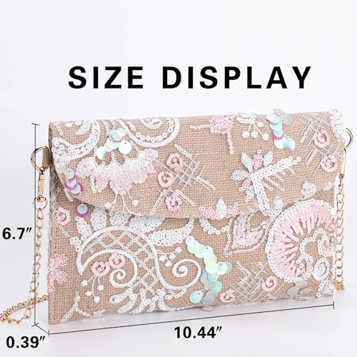 Image of Clutch Purses for Women, Envelope Package, Sequin Embroidered Flowers Straw Bag, Bohemian Handmade Handbags, Crossbody Bag for Vacation, Travel, Banquet(Styles 22)
