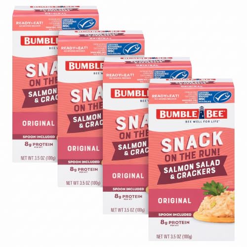 Bumble Bee Snack On The Run Salmon Salad with Crackers Kit - Ready to Eat Protein Snack Pack - 8g Protein per Box - Wild Caught MSC Certified Seafood (Pack of 4)