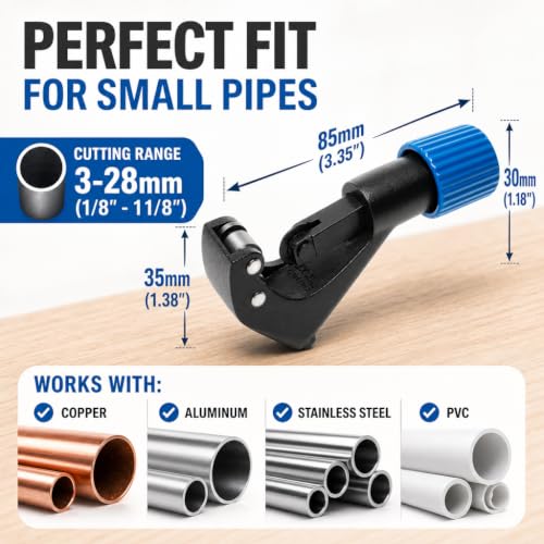 Image of Small Copper Pipe Tubing Cutter with Reamer - Tube Cutter 1 /8 inch to 1 1 /8 inch | Small Copper Pipe Cutter with Reamer for HVAC, Plumbing Tubing Cutter for Copper Brass Aluminum & Thin Stainless Streel Pipes