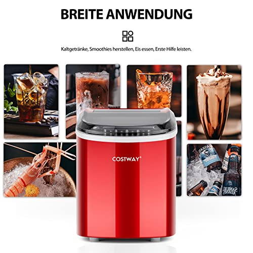 COSTWAY 2,2 L Eiswürfelmaschine 12kg/24H, Ice Maker 9 Eiswürfel in 6-13min, Elektrischer Eiswürfelbereiter mit Korb Schaufel 2 Eisgrößen (Rot) – Bild 5