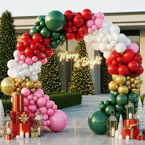 Image of Christmas Balloon Arch Kit - Green, Pink, Red, White & Gold Balloons | Double-Stuffed for fuller color, Pink Xmas balloon arch for Merry Christmas party decorations