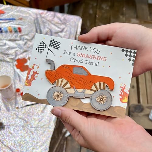 BOIKOKY 12-Pack Pre-Packaged Monster Truck Party Favors for Kids, Wooden Truck Cutouts with Magnets & Painting Kits, Boys' 4th Birthday Decorations & Thank You Gifts for Guests
