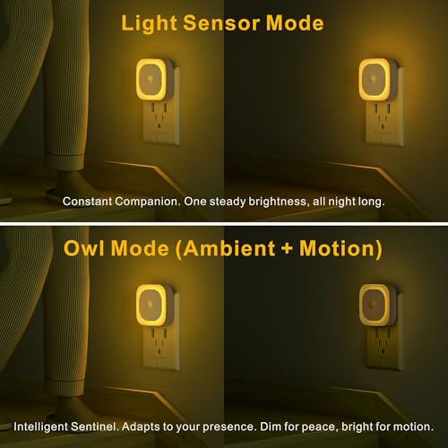 Image of YUNLEX 2 Pack Plug in Night Light with Motion Sensor & Dusk to Dawn Sensor, 3 Sensor Modes, Auto ON /Off, Dimmable, Soft Glow for Living Room, Hallway, Stairs, Bathroom, Golden Yellow