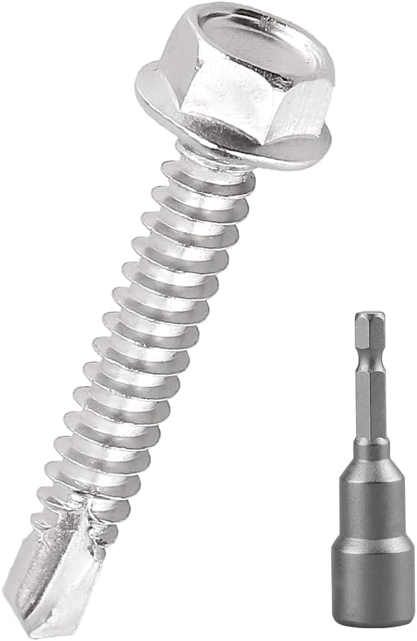 #14 x 1-1/4" Hex Washer Head Self Drilling Screws (25 pcs), 410 Stainless Steel Flanged Hex Sheet Metal Screws Tek Screws, Quick Self Tapping, Fayeploo