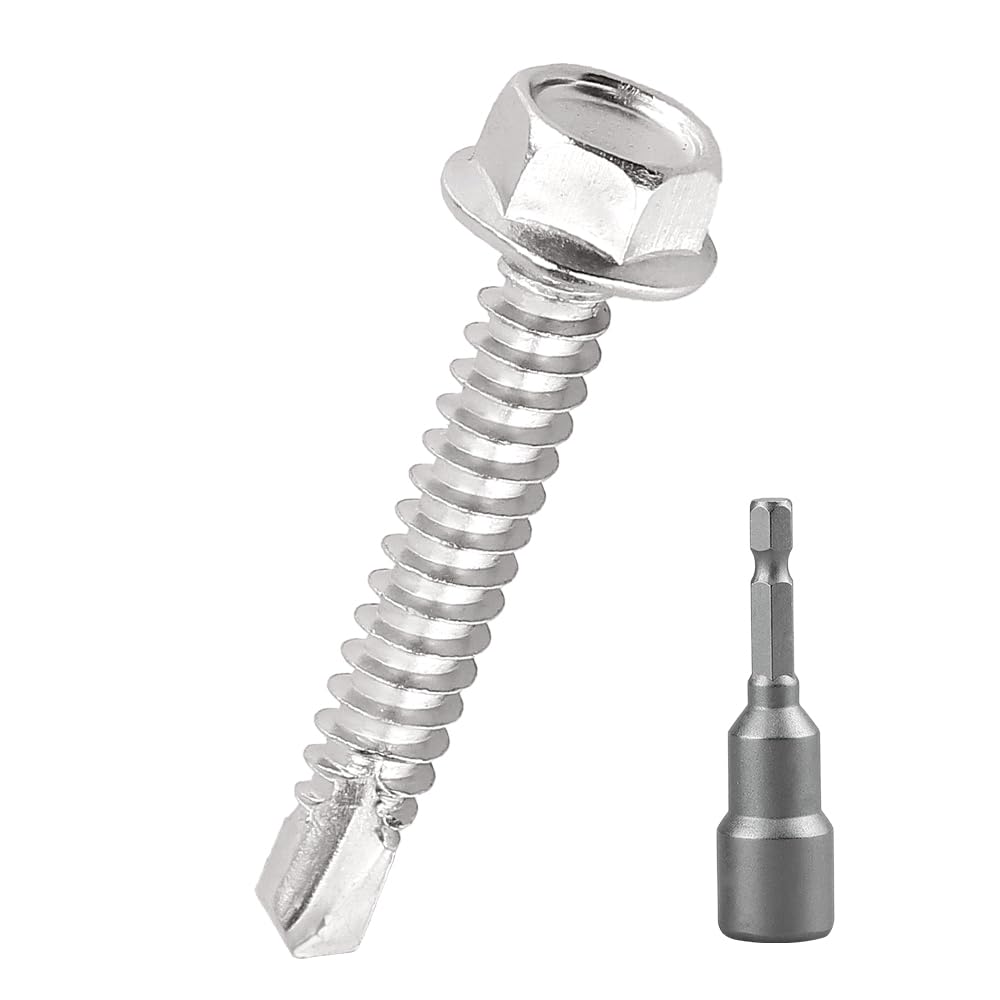 #10 x 1-1/2" Hex Washer Head Self Drilling Screws (50 pcs), 410 Stainless Steel Flanged Hex Sheet Metal Screws Tek Screws, Quick Self Tapping,