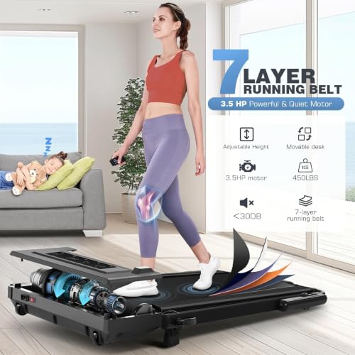 Image of Walking Pad Treadmill with Desk Workstation,3.5 HP Foldable Treadmills with 15% Incline & Handle Bar,450lbs Capacity,2s Folding,Ultra-Quiet,Small /Compact Under Desk Treadmills for Home Office