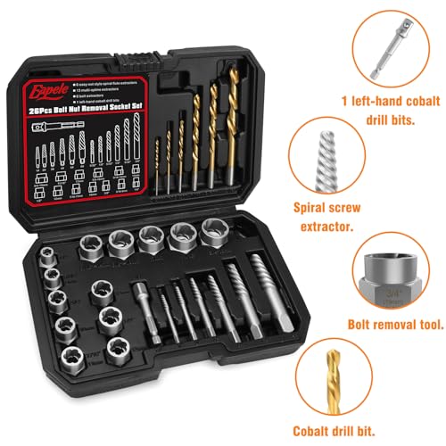 Image of Eapele Bolt Extractor Set, Stripped Nut Remover Twist Sockets, Fit 3 /8 inch Square Drive with Solid Storage Case(26pcs, Black)