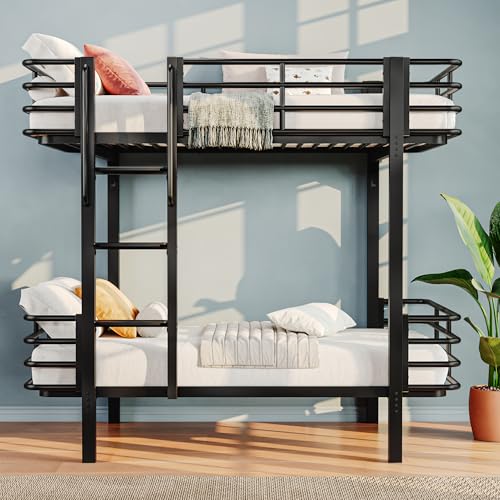 Image of iPormis Metal Bunk Bed Twin Over Twin, Heavy Duty Bunk with High Guardrail and Ladder with Built-in Handrails & Wide Steps, Under-Bed Storage Space, Easy Assembly, Noise Free, Black