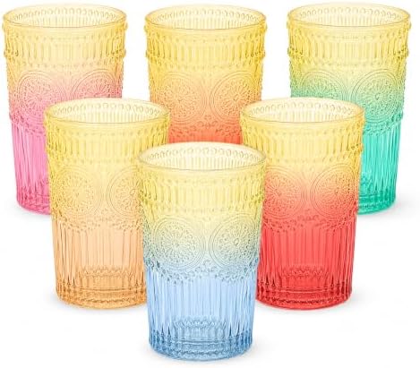 Glass Family Vintage Glassware Drinking Glasses Set of 6, 12 oz Colored Embossed Glass Cups, Ribbed Water Tumblers for Juice, Cocktails, Iced Coffee, Tea, Milk, Gift for Women image 4