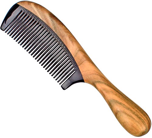 Jaciya Natural Green Sandal Wood Hair Comb Round Handle Black Buffalo Horn Fine Tooth Comb