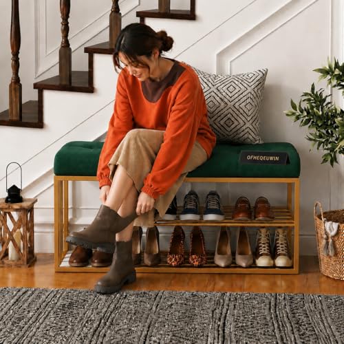 Image of Entryway Shoe Rack with Velvet Cushioned Seat, Shoe Bench for Entry, 2 Shelves Storage Bed Bench
