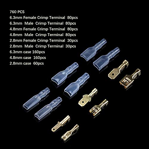 760 Stück/190 Paar 2,8/4,8/6,3 mm Quetschklemmen, weiblich und männlich, Flachdrahtverbinder-Set mit Isolierhülsen 0,5 mm²–1,5 mm²