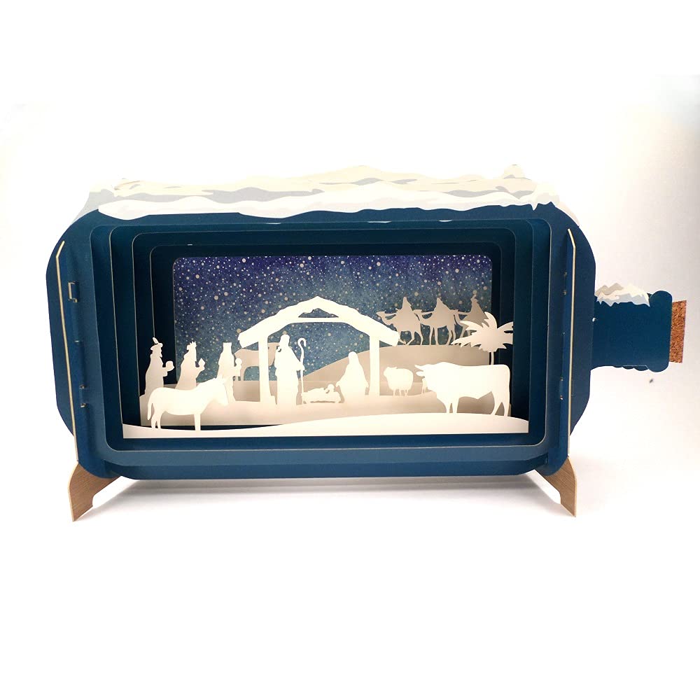 Message In A Bottle Nativity Scene Pop Up Christmas Greeting Card By Alljoy Card XMIB013, beige|green, 24cm x 15cm