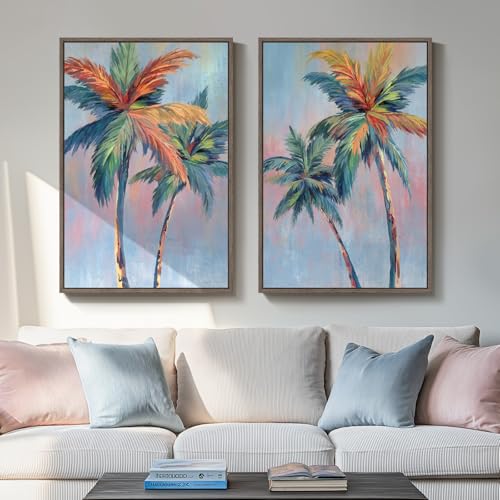 Framed Colorful Coastal Wall Art for Living Room Decor, Large Tropical Beach Palm Tree Canvas...