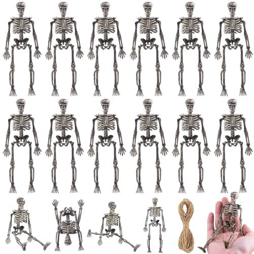 MUXIUNT 16 Pcs mini skeleton halloween decoration With hemp rope6small plastic posable halloween tiny skeleton figurines decor for Halloween Indoor Outdoor Graveyard Decor Haunted House Party Favors