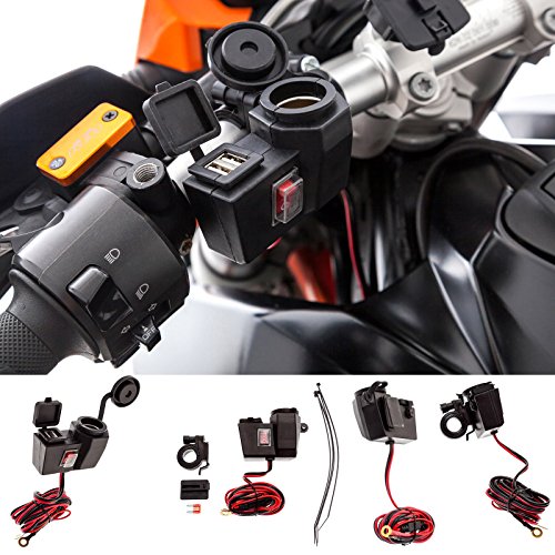 UltimateAddons - Montura para manillar de motocicleta con toma de mechero y 2 puertos USB (5 V, 2 amperios)