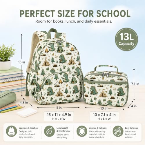 Image of LOIDOU Kids Backpack with Lunch Box Set, Toddler Preschool Boy Backpack with Chest Strap Kindergarten Backpack LunchBox Combo (Camping Dinosaur)