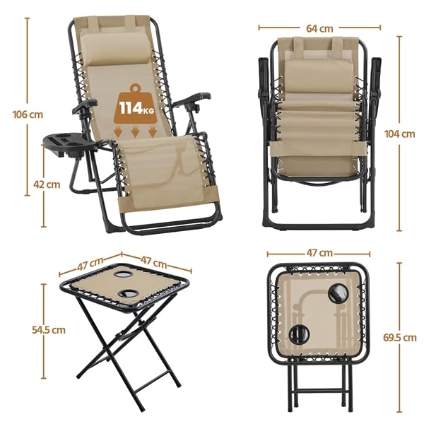 Yaheetech Lot de 2 Chaise Longue inclinable, avec Table Pliable Support de Gobelet, Chaise de Jardin Pliable en Textilène Chaise Longue, avec Rembourrage de Tête, Beige (Beige)