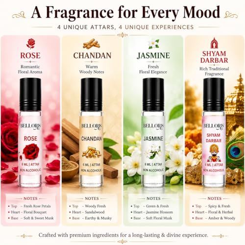 Image of Rose, Chandan, Jasmine & Shyam Darbar | Attar Gift Set for Men & Women | Non Alcoholic Long Lasting Attar Perfume Oil | Roll On Fragrance Combo Pack (4 x 6ml) Natural Attar for Pooja & Meditation (SHYAM DARBAR)