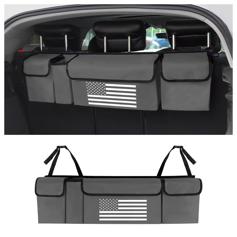 Salior Trunk Organizer for Car,Unique US Flag Backseat Car Organizer with 4 Large Capacity Pocket,Waterproof Car Trunk Storage Organizer Hanging on Car Truck SUV MPV Rear Seat (Dark Gray)