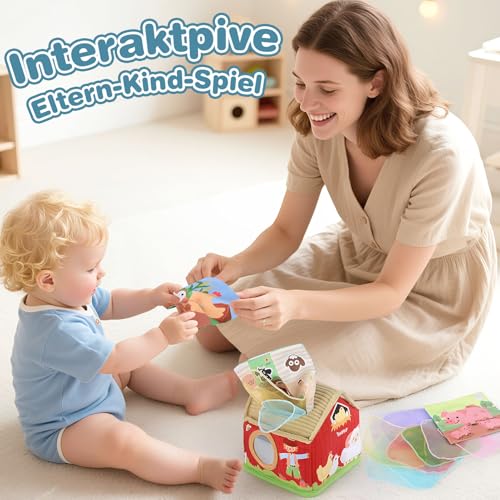 Vanplay Baby Spielzeug 6 Monate, Montessori Spielzeug Bauernhof-Thema Tissue Box Spielzeug mit Schal und Spiegel, Baby Geschenk 6 12 Monate Mädchen Junge