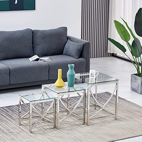 JYMTOM Satztisch 3er Set Couchtisch Beistelltisch aus Edelstahlgestell und Hartglas für Wohnzimmer Cafè und Bar modernes Design Sofatisch (Silber B, transparentes Glas) Cover