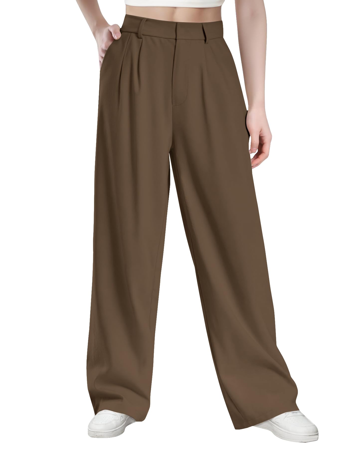 Glacspyg Damen Hohe Taille Freizeithosen Hochdichter Polyester Elasthan Stoff Business Arbeitshosen Glatte Elegante Weite Hosen mit Taschen