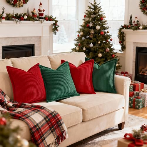 Mecatny Christmas Corduroy Throw Pillow Covers 18x18 Set of 2, Neutral Decorative Soft Boho Couch Pillow Covers with Broadside for Sofa Living Room, Christmas Red by Mecatny - Image 3