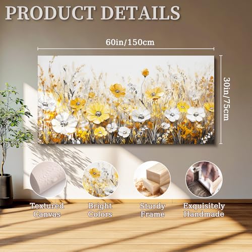SERIMINO Wildflower Field Wall Art, Floral Botanical Extra Large Wall Decor, Gold and Silver Flower Canvas Prints, Modern Industrial Pictures for Living Room Bedroom Dining Room Home Office 30"X60"