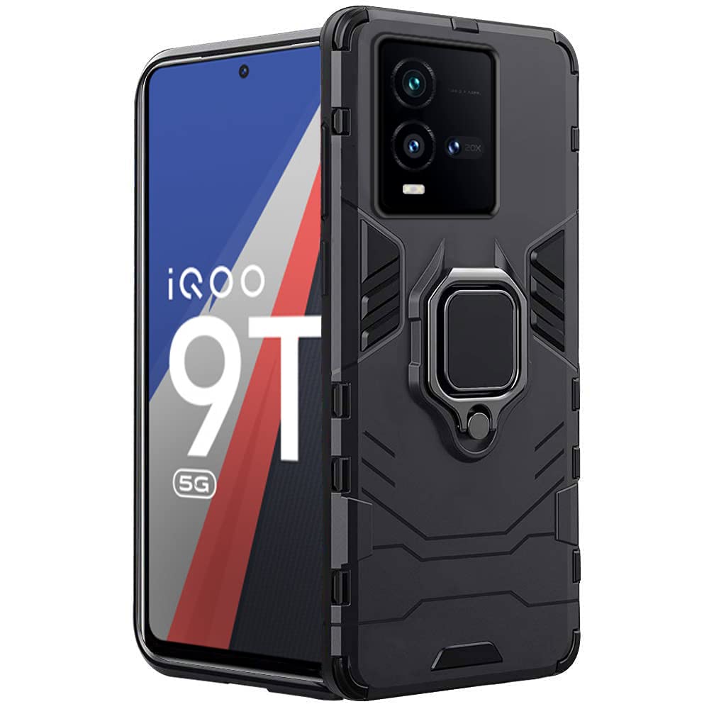 TheGiftKart Tough Armor Bumper Back Cover Case for iQOO 9T 5G | Ring Holder & Kickstand in-Built | 360 Degree Protection Back Case Cover for iQOO 9T 5G (PC & TPU | Black)