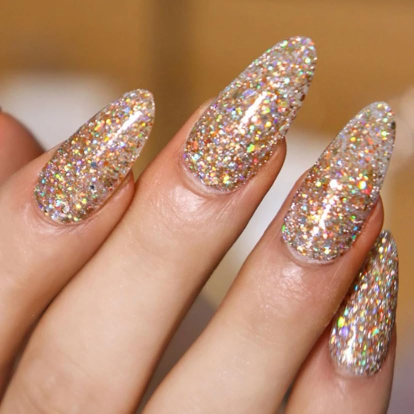 Gold Glitter Press on Nails Medium Almond Fake Nails Glossy Finis...