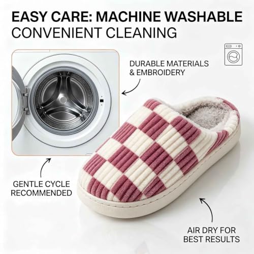 Image of Checkered Slippers for Women and Men - Fuzzy House Slippers with Memory Foam, Comfy Plush Fluffy Indoor House Shoes, Cozy Warm Slip on Bedroom Slippers with Non-Slip Sole