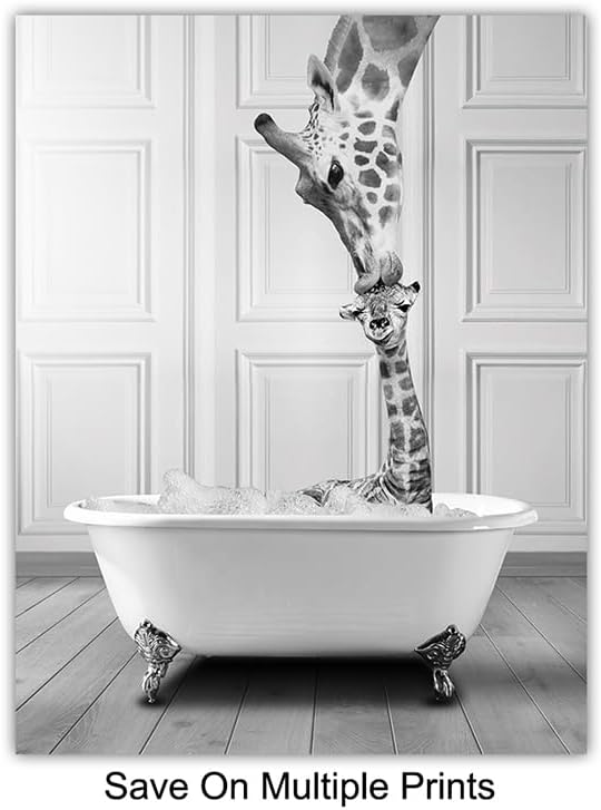 Bathroom Wall Art LARGE 11X14 - Funny Bathroom Decor for Women Kids - Gray Bath Pictures - Bath Wall Decor - Print Decorations Accessories - Powder room Sign - Cow Elephant Bear Giraffe Penguin